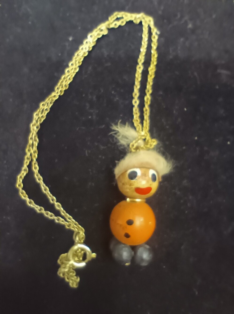 Vintage Hand Painted Wooden Doll On Gold Tone Chain